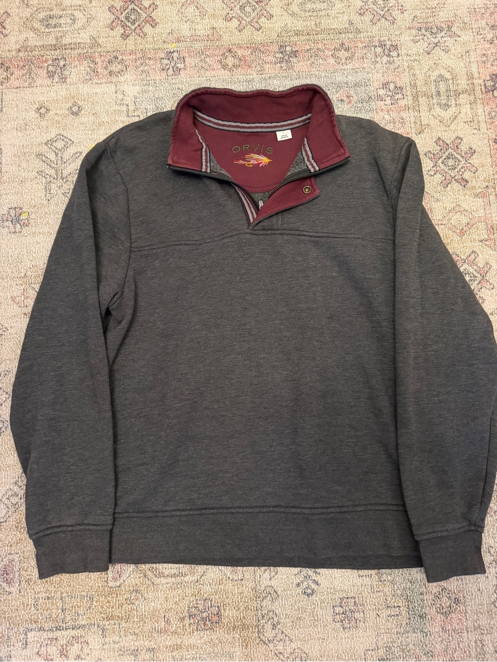 Orvis Men's Dark Gray Quarter-Zip Sweater with Burgundy Collar